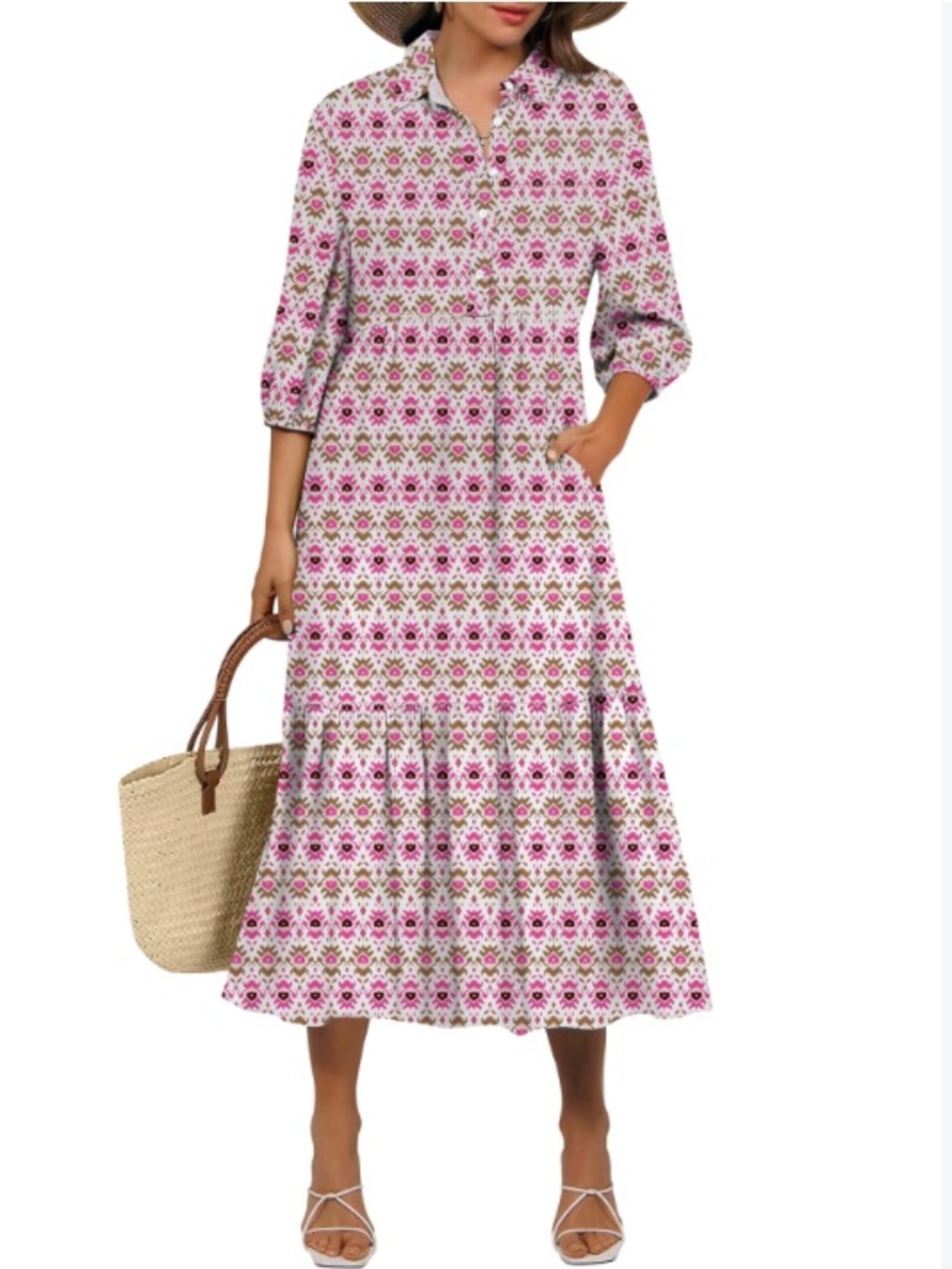 Pink Floral Midi Dress with 3/4 Puff Sleeves and Polo Neck